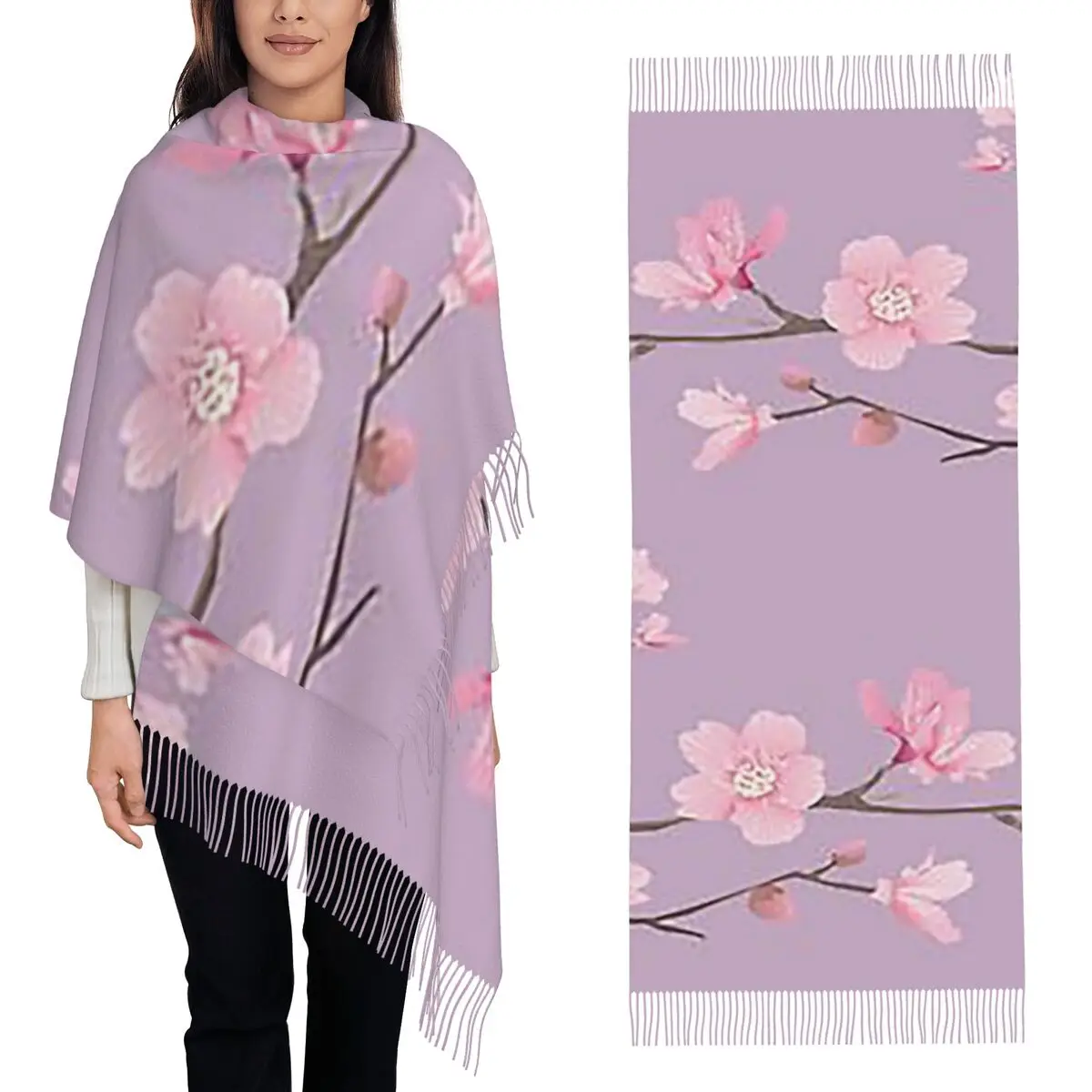 Cherry Blossom Flower Plant - Pastel Purple Scarf Tassel Scarves Women Soft Warm Shawls and Wraps Large Fall Winter Shawl Wrap