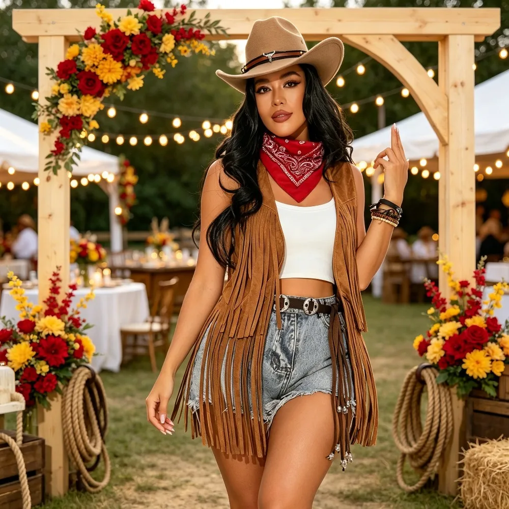 Women Western Cowboy Costume Set Fringe Cowboy Hat Bandana Belt 3Pcs Halloween Party Outfit