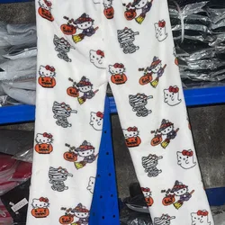 Sanrio Hello Kitty Halloween Cute Cartoon Flannel Thick Pajama Pants Women's Autumn Winter Plush Warm Casual Home Graffiti Pants