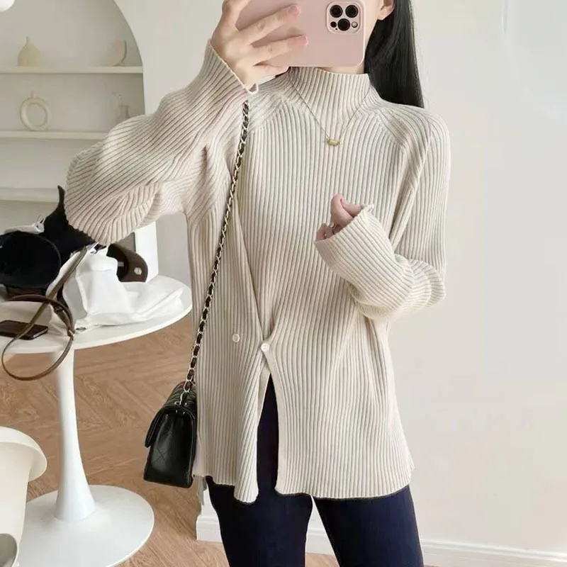 Women\'s Turtleneck Sweater Spring Autumn Fashion Side Split Slim Pullover Korean Long Sleeve Thicked Knitted Bottoming Tops