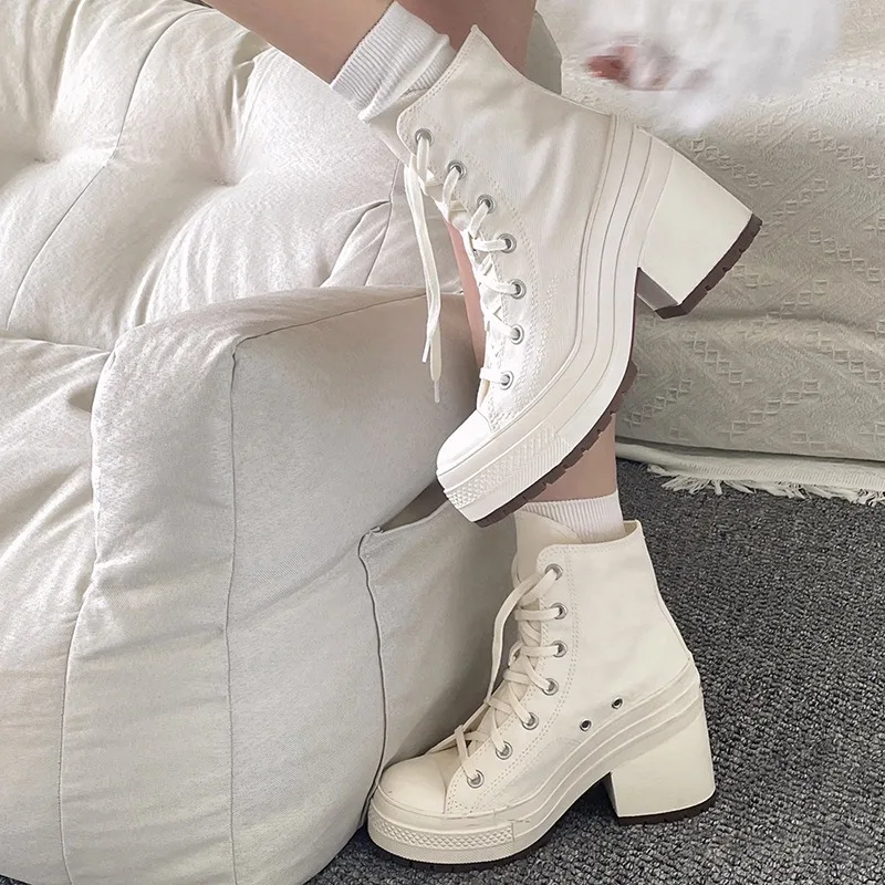 Women Platform Sneakers Designer Women Boots Fashion Outdoor Vulcanize Shoes Women High Top Canvas High Heels Plus Size 36-42