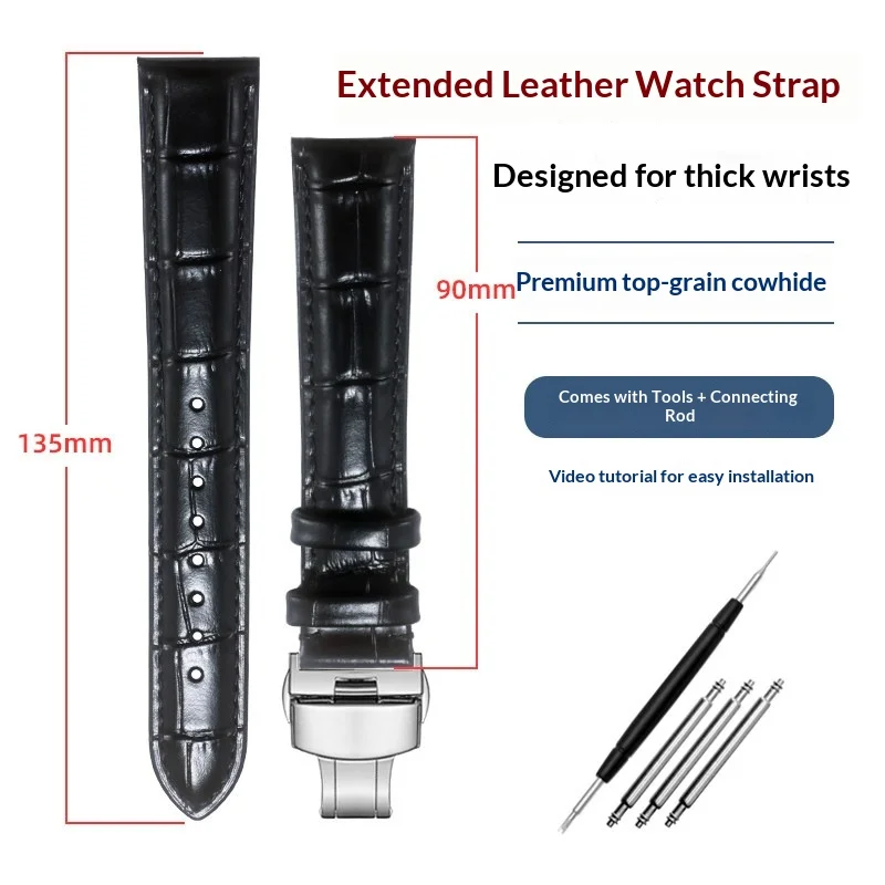 Extended 135+90mm Crocodile Grain Genuine Leather Watch Strap Replacement Watch Band for Patek Philippe Longines IWC 20/21/22mm