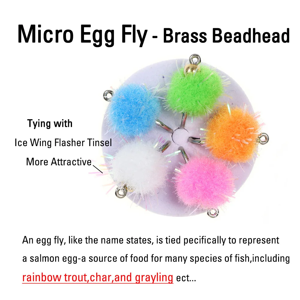 ICERIO 10PCS 12# Mrico Beadhead Egg Flies Sinking Salmon Roe Bait with Ice Wing Flash Tinsel Trout Grayling Char Fishing Lure