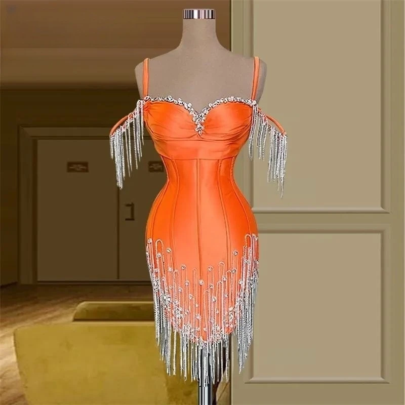 

Orange Cocktail Dresses Sheath Spaghetti Straps Knee Length Beaded Homecoming Dresses Haute Couture