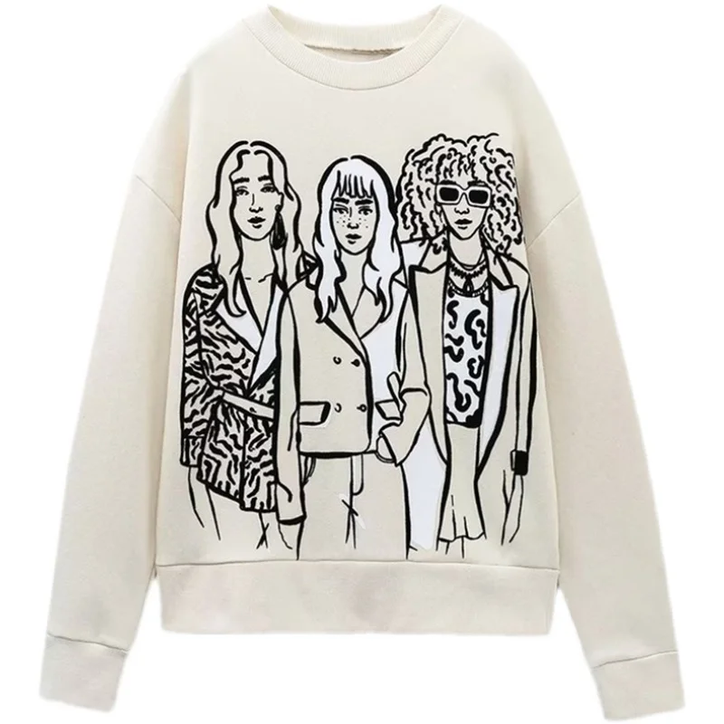 Faionable Long Sve rond Ne imprimé Sweat pour filles automne hiver nouveauté polyvalent confortable mélange de coton