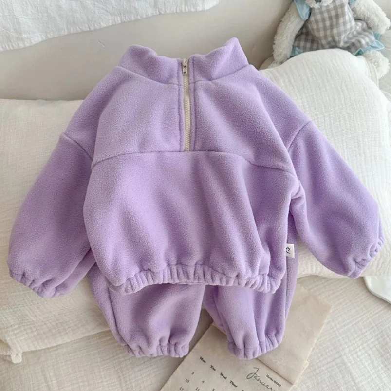 2025 Baby Clothes Sets Girls Boys Coats+Pants 2Pcs Sports Suits Solid Color Thicken Fleece Warm Toddler Winter Casual Tracksuit