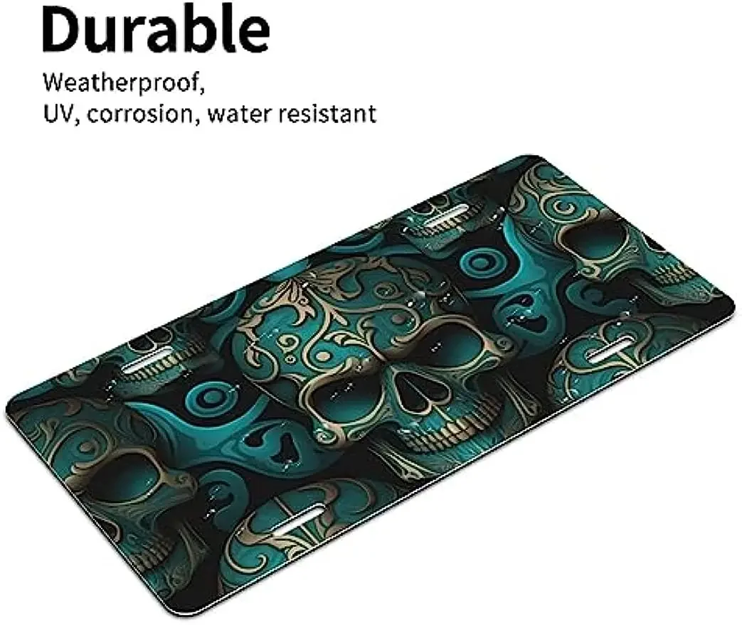 私たちの車のためのアルミニウム自動車ナンバープレート、クールな金色の質感、頭蓋骨の頭、車のフロント、12 x6インチ