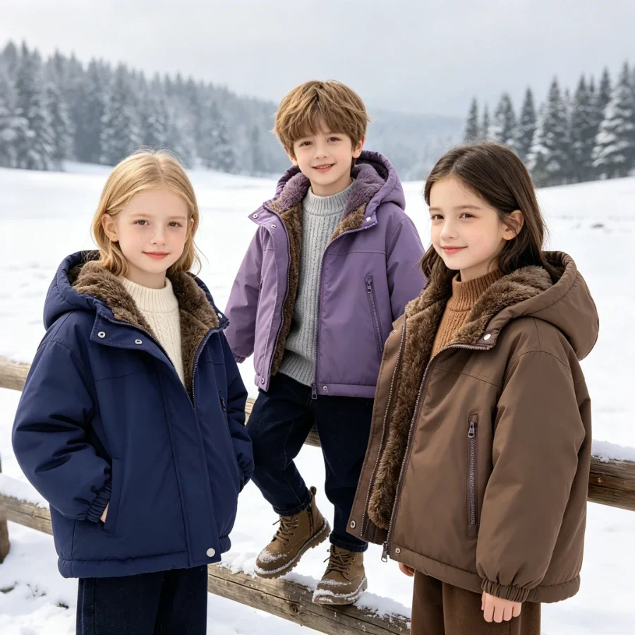 Children Thick Fleece Hooded Winter Coat Boy Girls Warm Padded Outerwear with Zipper Pockets Toddler School Outdoor Jacket 2-13Y