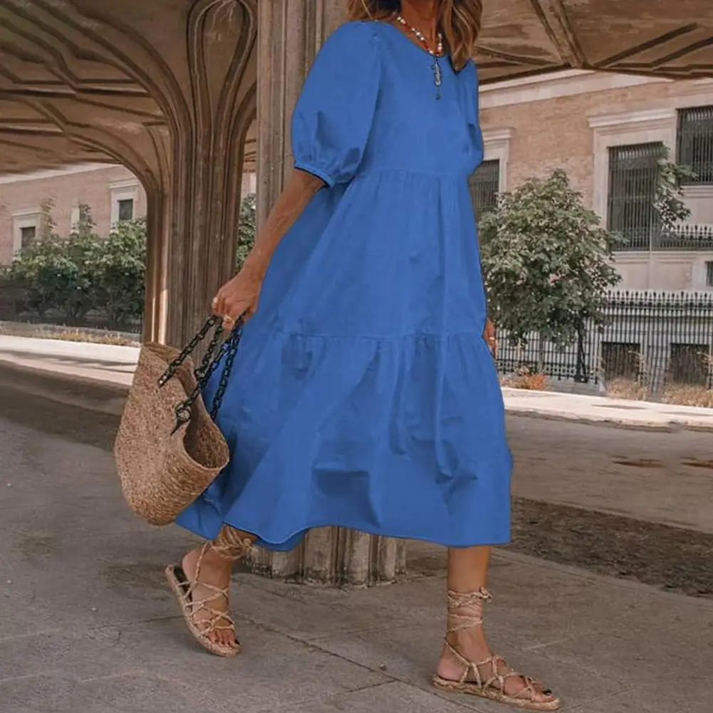 Vintage Fashion Women's Summer Midi Dress Boho Short Lantern Sleeves Sundress Crew Neck Linen Loose Beach Dress