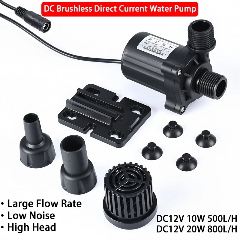 Water Pump DC12V High Pressure Ultra Quiet Solar Lift 5M 500/800L/H Brushless Motor Submersible Water Pumps EU Power Adapter
