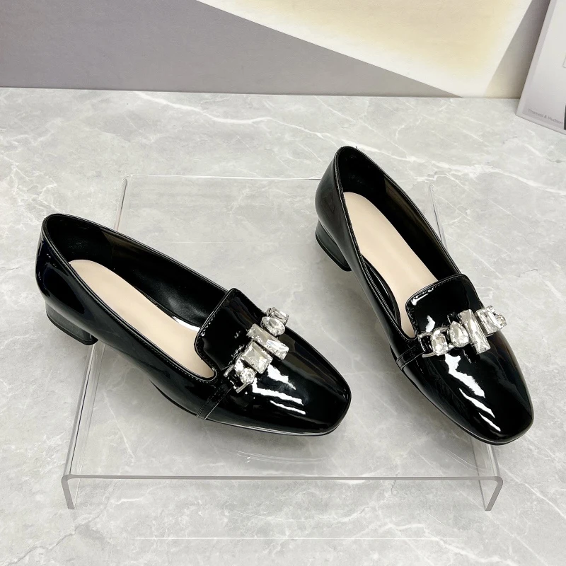 

Square-Toed Women's Shoes Rhinestone Thick Heels Genuine Leather Loafers Evening Party Runway Look Female Designer Single Shoes