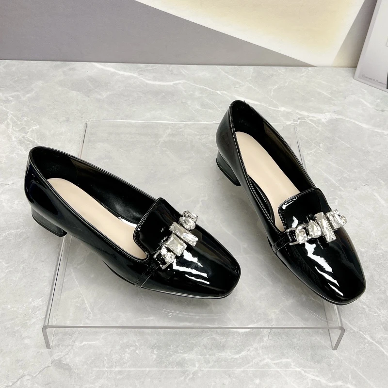 Square-Toed Women's Shoes Rhinestone Thick Heels Genuine Leather Loafers Evening Party Runway Look Female Designer Single Shoes