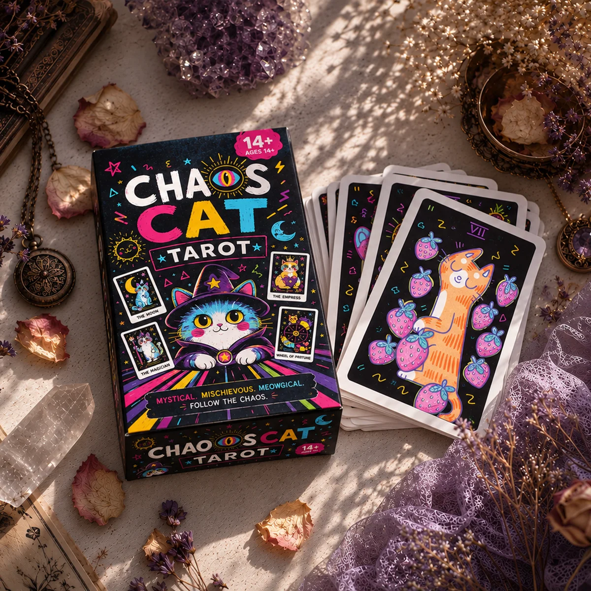 CHAOS CAT TAROT Whimsical Illustrated 78 Card Tarot Deck for Beginners and Experienced Readers Mystical Cat Fortune Telling Card