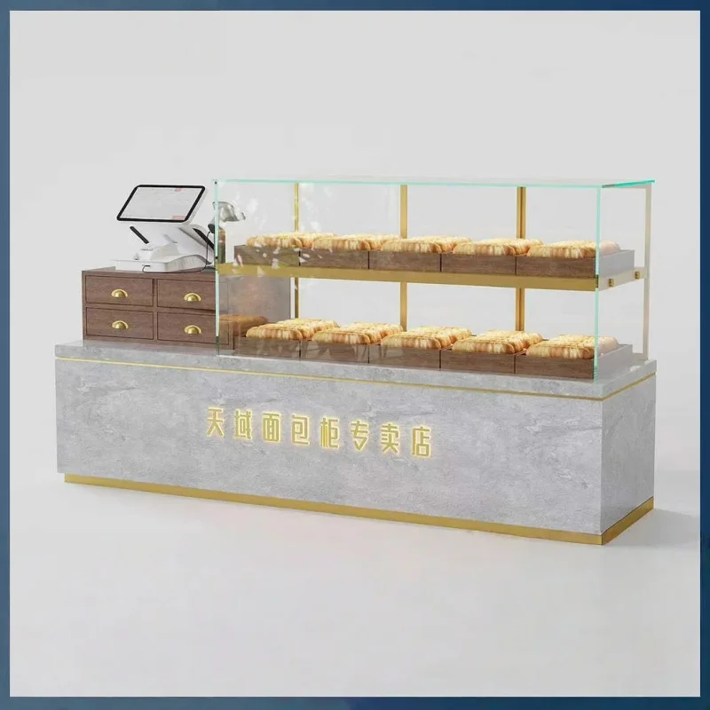 custom.Customizable Varnished Wood Bakery Display Cabinet LED Lighting Glass Back Durable Design Supermarkets/S