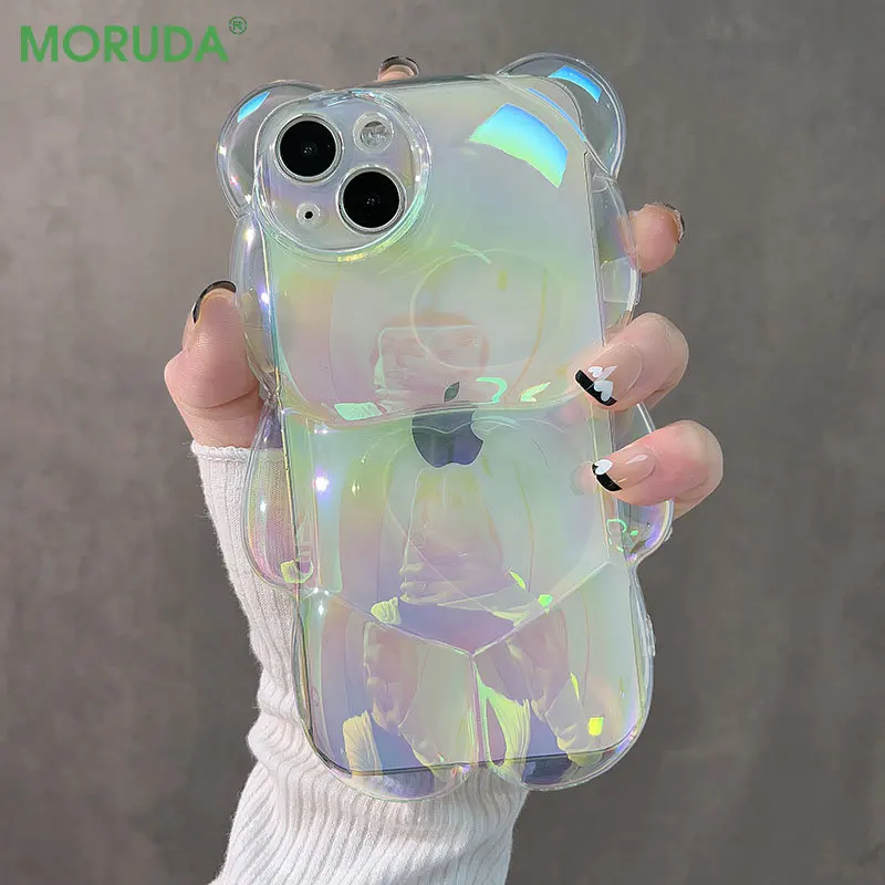 For iPhone 14 ProMax Plus 3D Bear Plating Laser Phone Case for iPhone 11 12 13 Pro Max Cartoon Colorful Glitter Matte Soft Cover