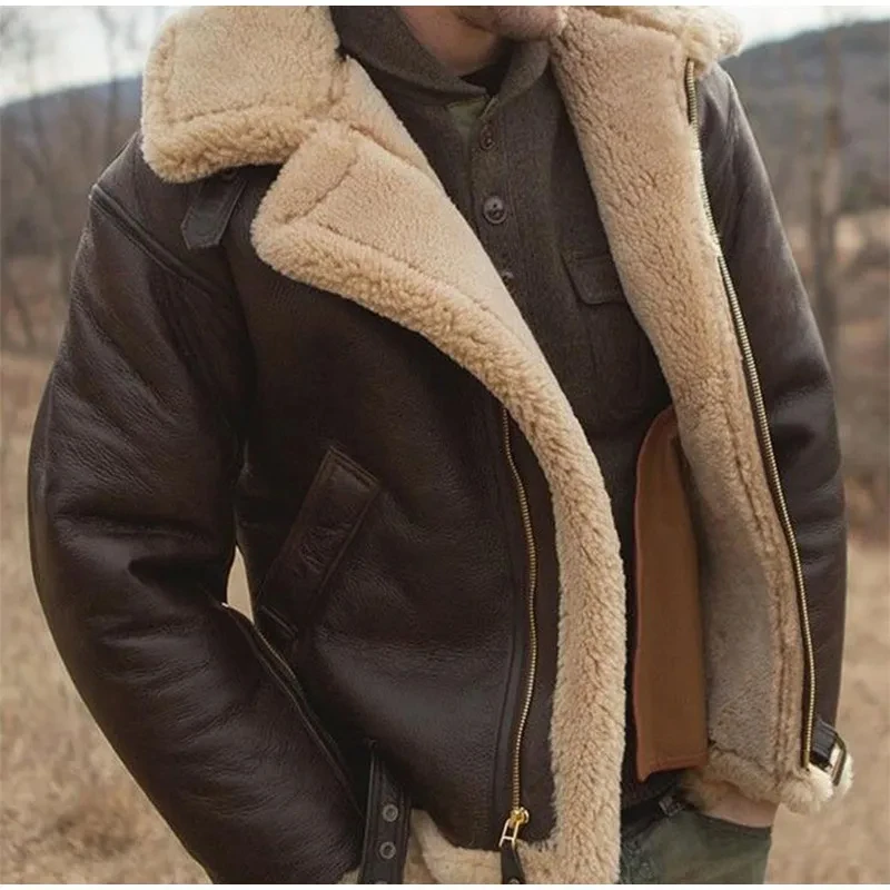 

Faux Leather Fur Wrm Coat For Male Fashion Lapel Long Sleeve Thicken Fleece Jacket 2024 Winter Men's Zipper Pocket Furry Outcoat