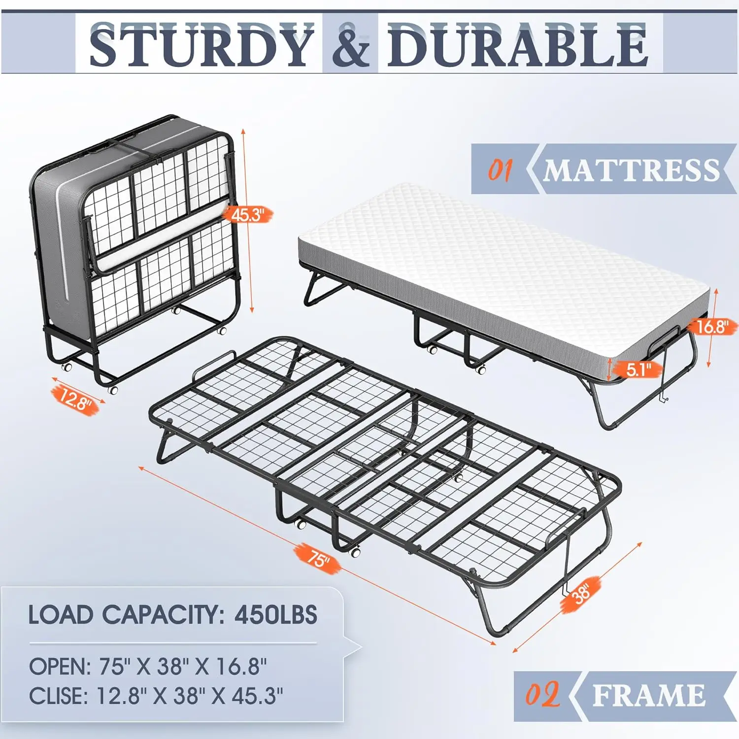 Folding Bed with Mattress,Space-Saving Sturdy Metal Frame,Twin Bed for Adults,5