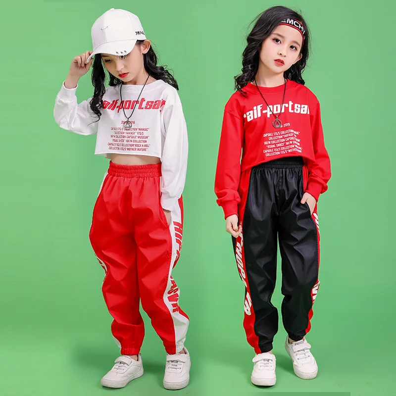 Jogger Pants for Girls Jazz Dance Costume Dancing Clothes Kid Kpop Hip Hop Clothing Crop Top Long Sleeve T Shirt Streetwear