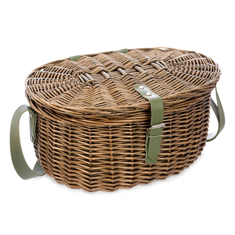 Groene rieten picknickmand, 40x29x20 cm. Praktische picknickmand voor uitstapjes, strandbezoeken en reizen. Rieten mand voor het opbergen van eten, drankjes, dekens en accessoires. Ideaal voor in de