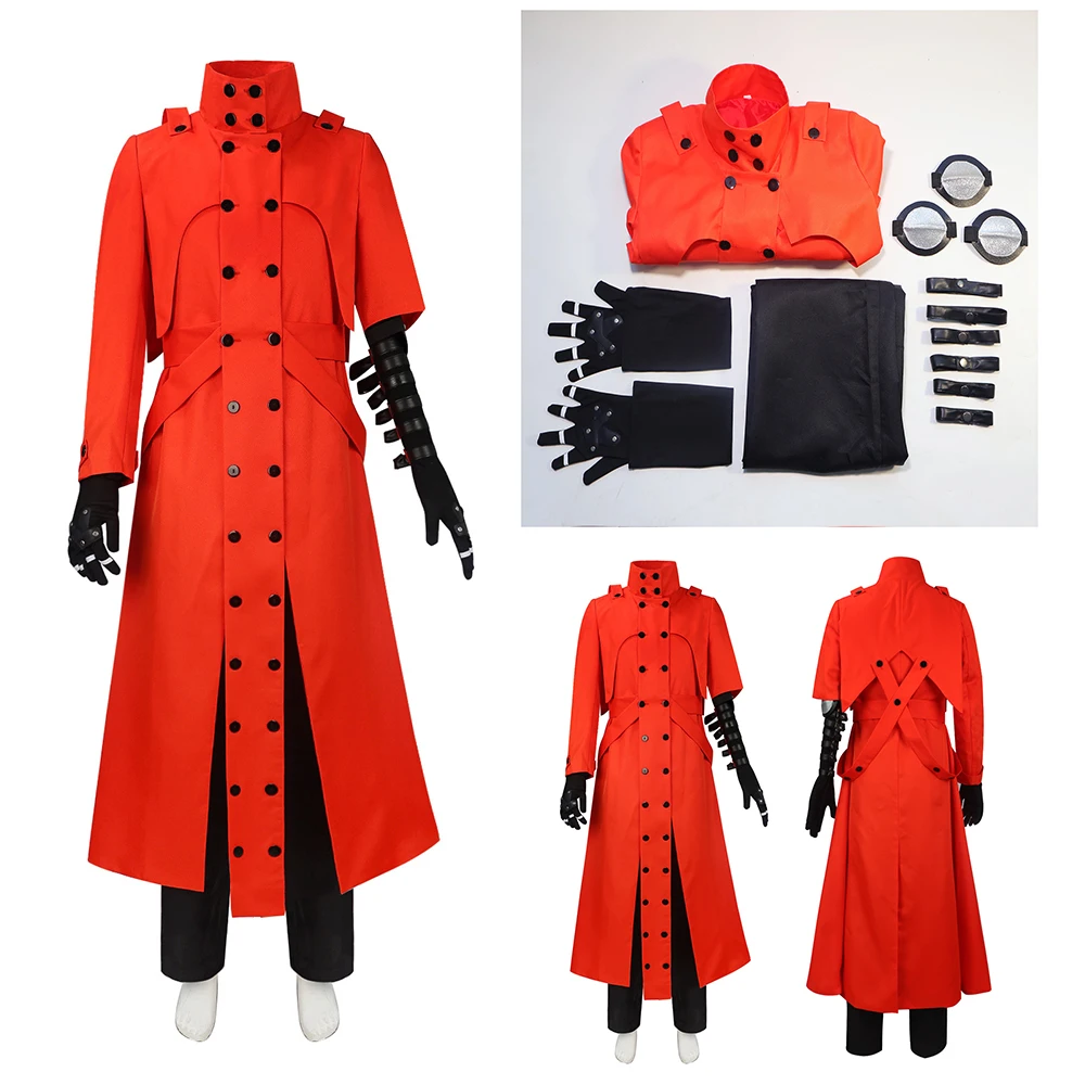 O traje de cosplay stampede masculino, Trigun Vash, casaco vermelho longo corta-vento, uniforme anime adulto, terno de carnaval de Halloween, novo suporte