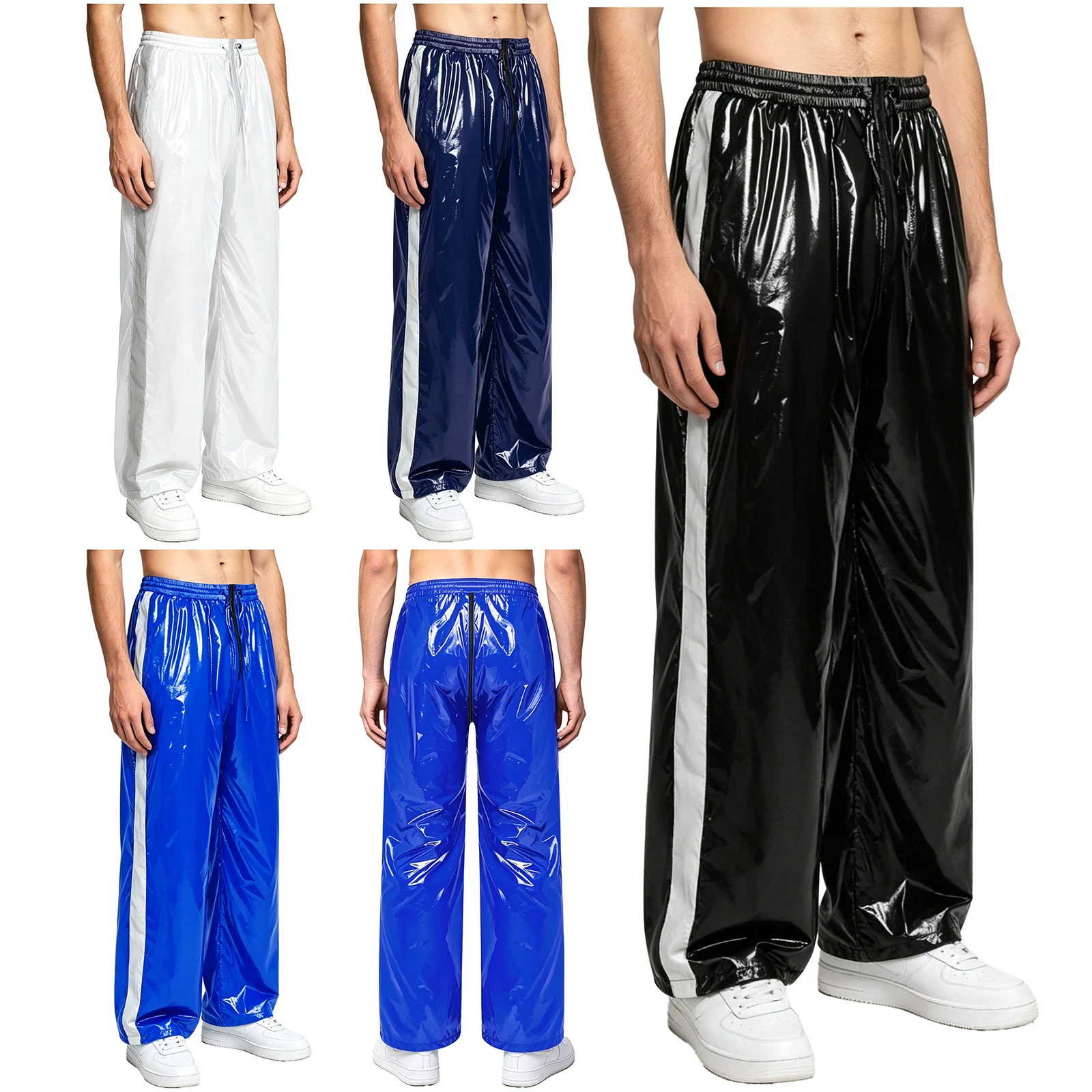 Mens Waterproof Shiny PU Leather Trousers Reflective Side Stripes Zip Crotch Pants Shiny Straight-leg Trousers Athletic Pants