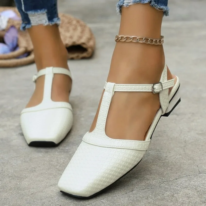 

Women's hollow-out cow leather narrow band t-strap sandals square toe 3.5cm thick low heel elegant ladies slim dress pumps shoes