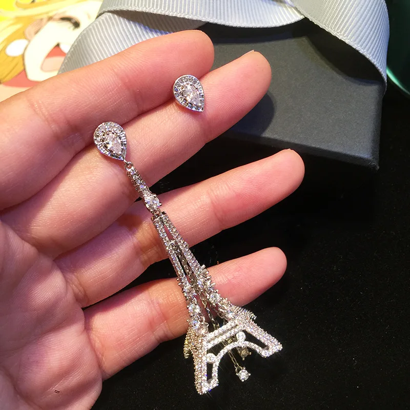 Unique Paris Eiffel Tower Shape Earrings Shiny Crystal Asymmetry Stud Dangle Earrings Ladies Statement Ear Ornaments