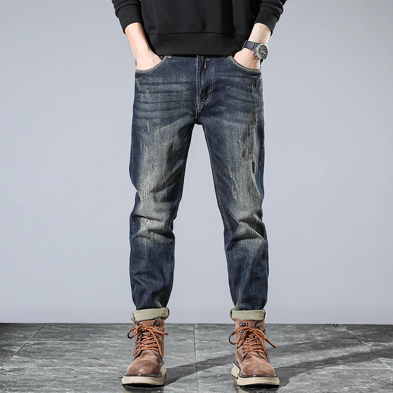 American retro heavy wash new Slim small leg jeans men high end versatile elastic burst scraping old pants men's models