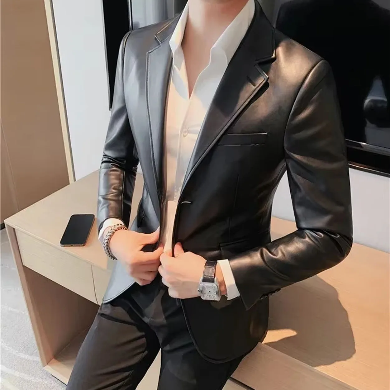 Men's Retro Leather Jackets Casual Autumn Winter Crazy Horse Leather Sport Coats Male Slim Fit Fashion Leather Suits Tuxedos