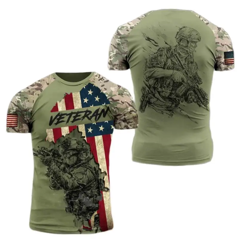 2024 New Summer ARMY-VETERAN 3d T-Shirt Men's Russian French Soldier Field T-Shirt Top Veterans Camouflage Print Commando Tops