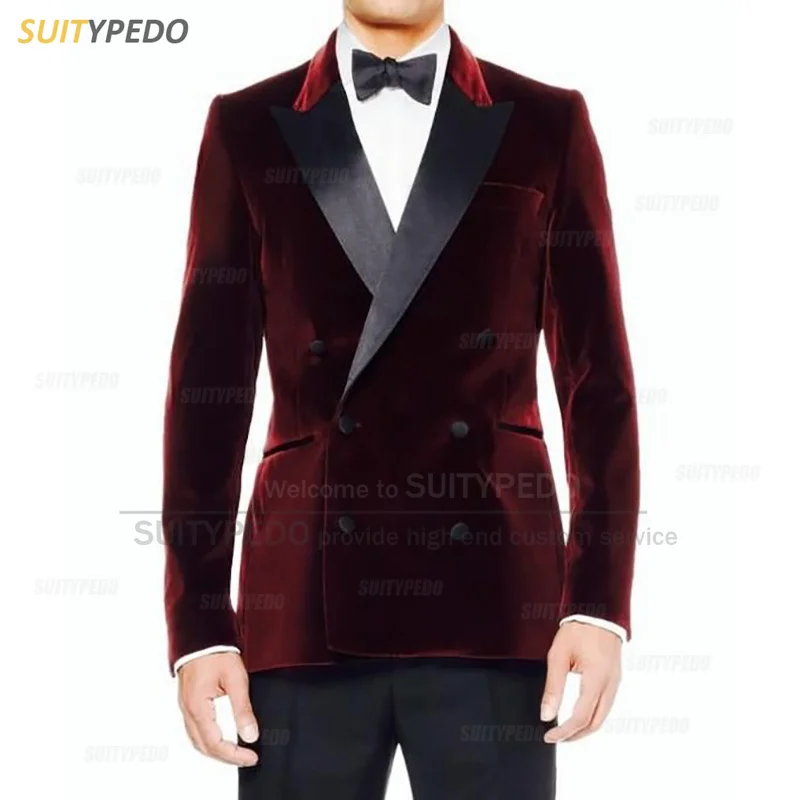 Burgundy Velvet Blazers for Men Fashion Slim Fit Double Breasted Suit Jacket Luxury Prom Business Wedding Tuxedo Coat 1 Piece