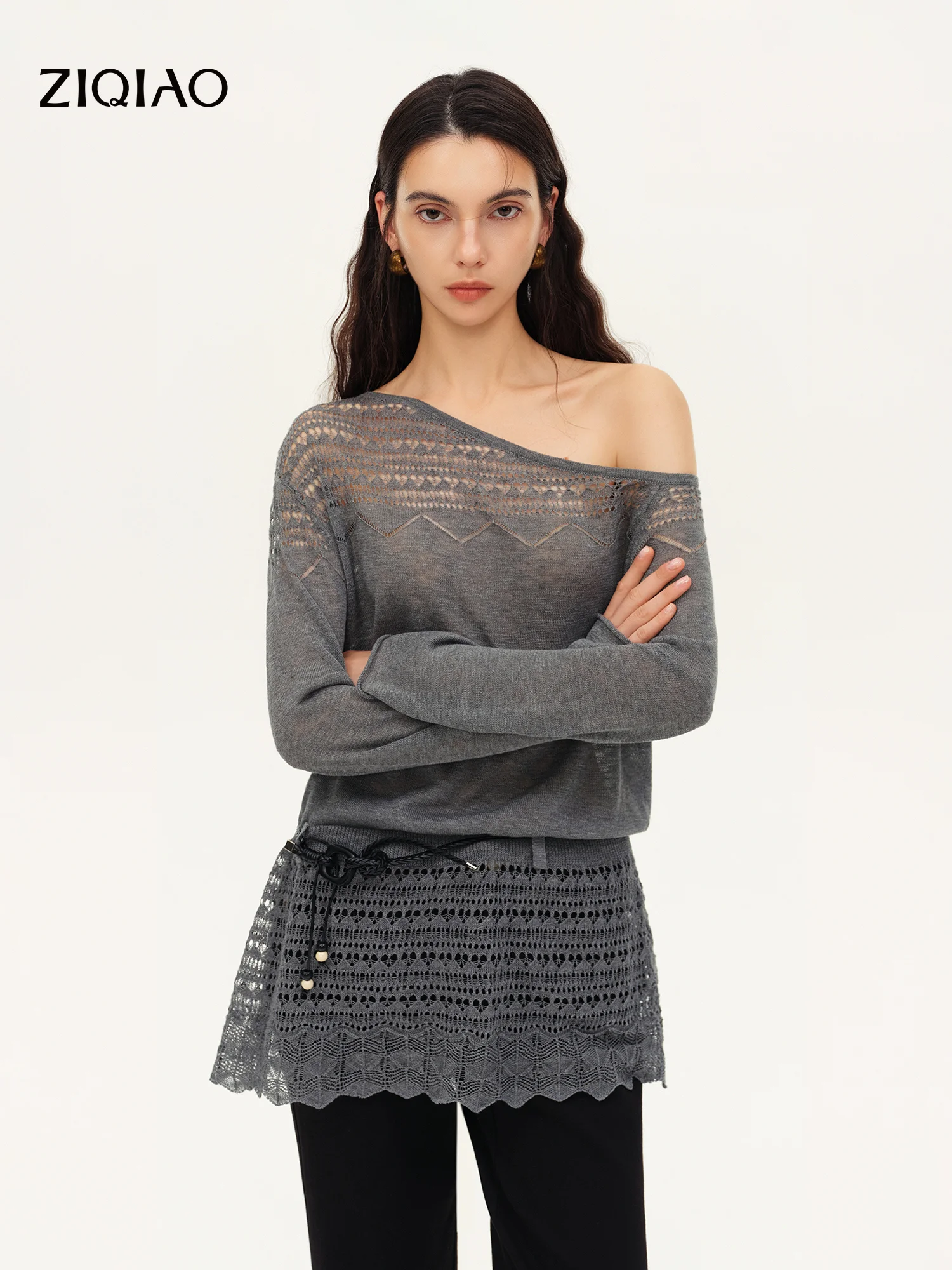 ZIQIAO Women's 2026 Autumn New Arrival Lazy Style Loose Slanted Off-Shoulder Hollow-Out Knit Sweater Casual Mid-Length Pullover