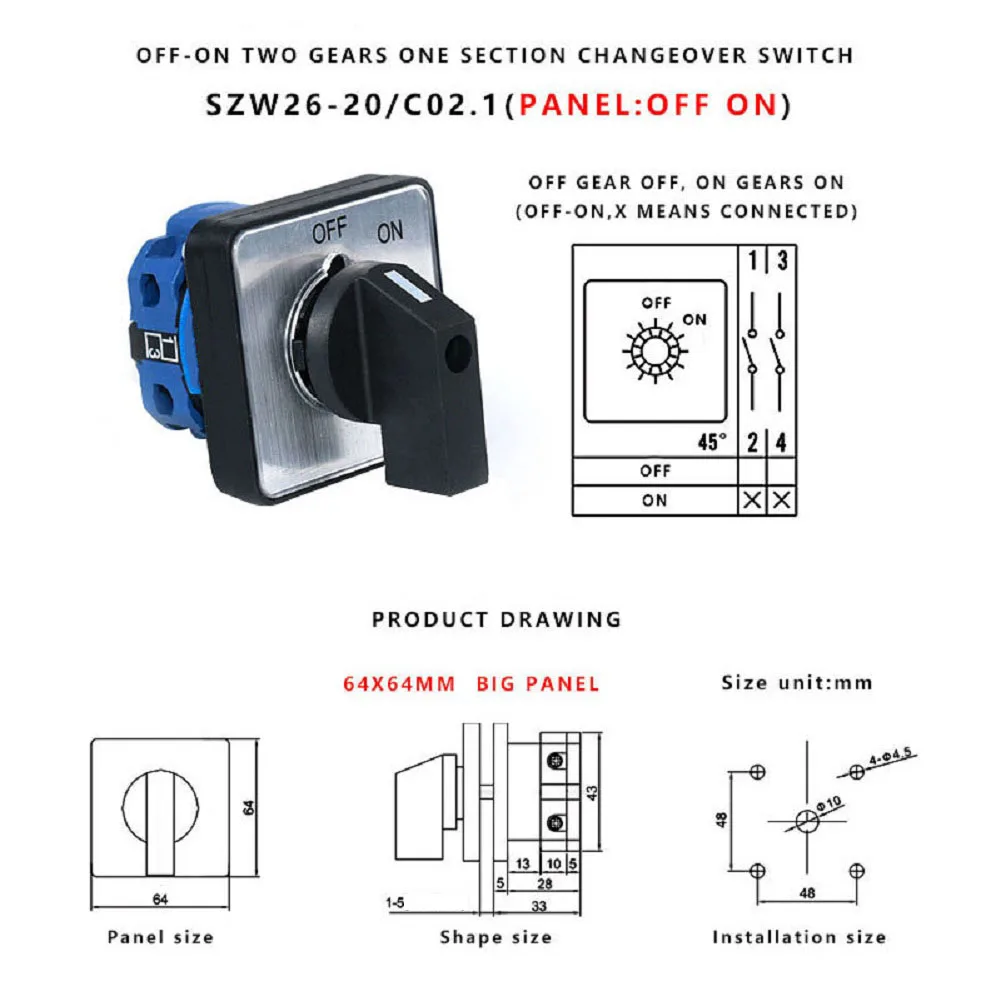 

SZW26-20/C02.1 2-Position Cam Changeover Switch 1-Section OFF-ON Panel Mount 20A 690V AC23A DC21A Use Category Certified