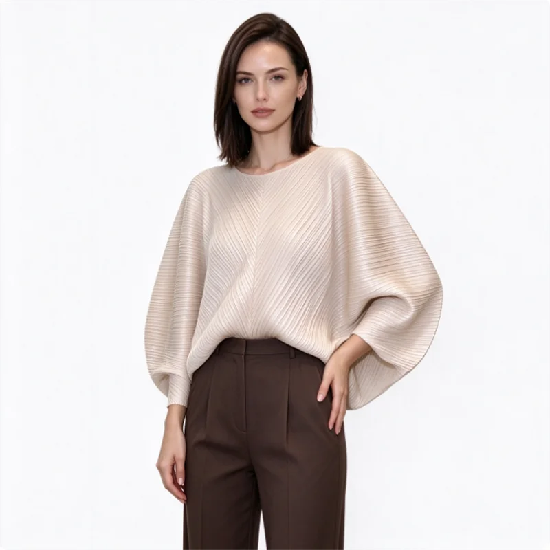Miyake Pleated Women Beige Pleated Batwing Top, Loose Dolman Sleeve Blouse, Round Neck Casual Shirt