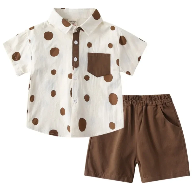 New 2025 Summer Boys Clothing Sets Fashion Print Short Sleeve Lapel Shirt Tops with Solid Shorts Child Casual Two-piece Set
