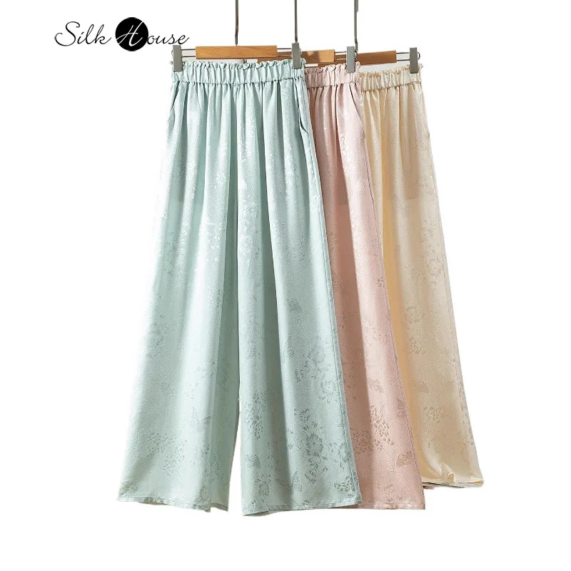 

2025 Women's Summer New 100% Natural Mulberry Silk Jacquard Satin New Chinese Style Loose Versatile Casual Wide Leg Pants