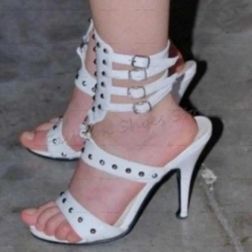 

White Rivet Decor Ankle Buckle Sandals Stilettos High Heels High Heel Shoes for Women Fashion Heels 2025 New Zapatos Para Mujere