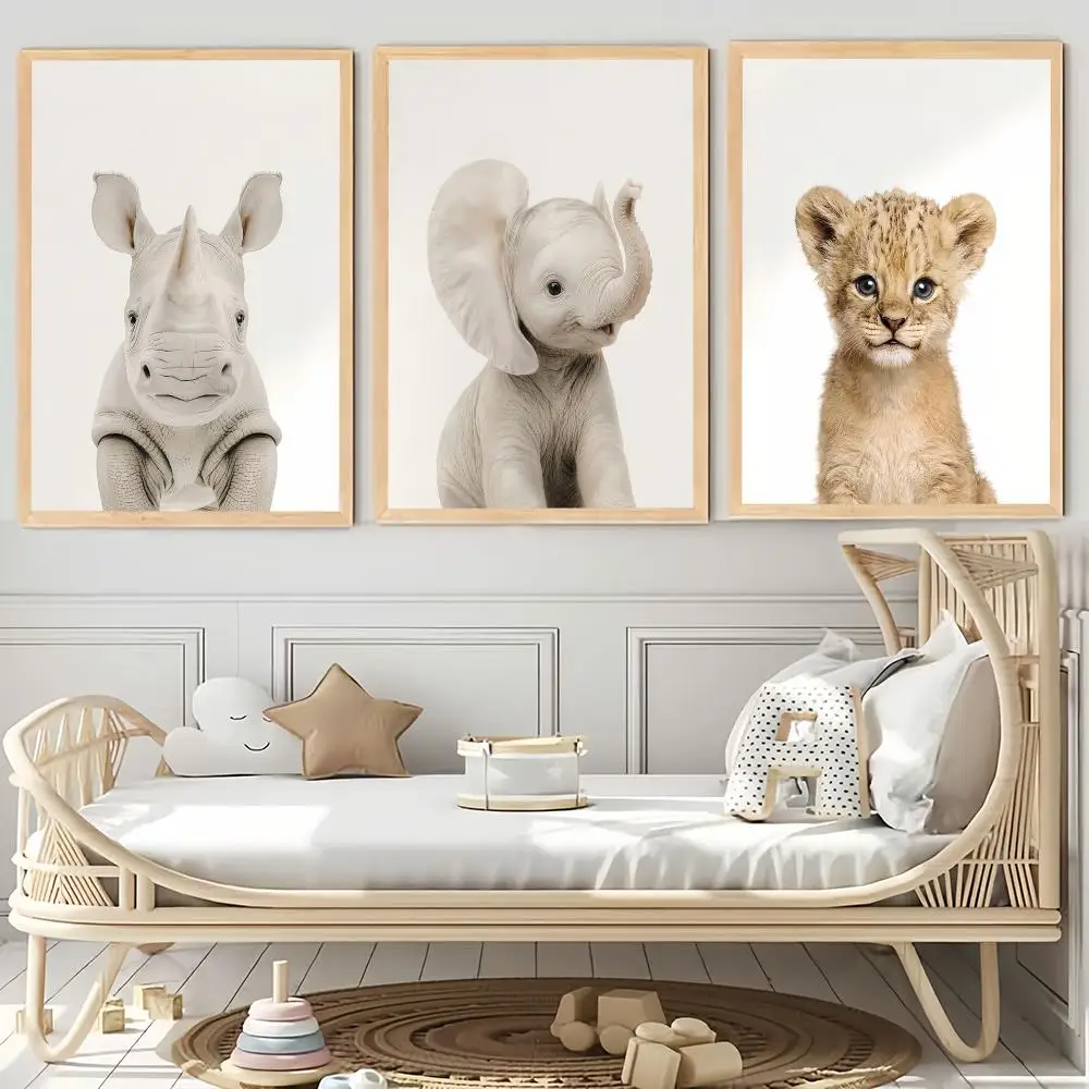Baby Safari Animals HD Wall Art Poster Rhino Elephant Lion Giraffe Zebra Cheetah Nursery Kids Room Decor Minimalist Gift