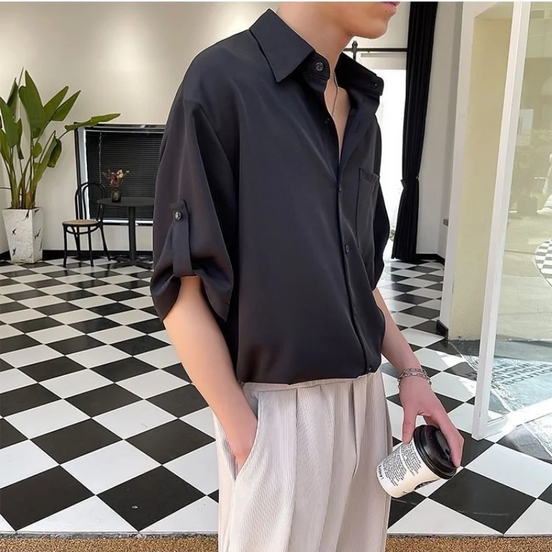 Men\'s Korean White Button Blouse Summer New Half Sleeve Polo Neck Pockets Solid Loose Shirt Tops Fashion Trend Men Clothing