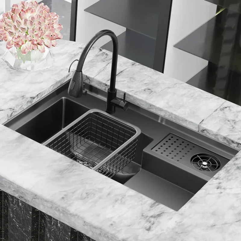 Black Stainless Stee Kitchen Sink Step Sink Washbasin Cup Large Single Slot Washer Undermount Bowl For Coffee Shop