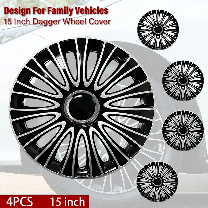 15 inch Dagger Style Hubcaps Black & Silver Wheel Covers for Cars Set of 4 Fits Honda Volkswagen, Chevy, Mazda,Dodge Hub Caps