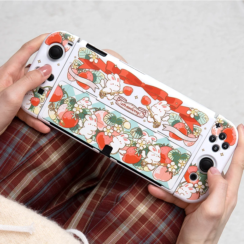 Cute Strawberry Bunny Protective Case and JoyCon Cover for Nintendo Switch/OLED Hard PC Cover Dockable Shell for Nintendo Switch