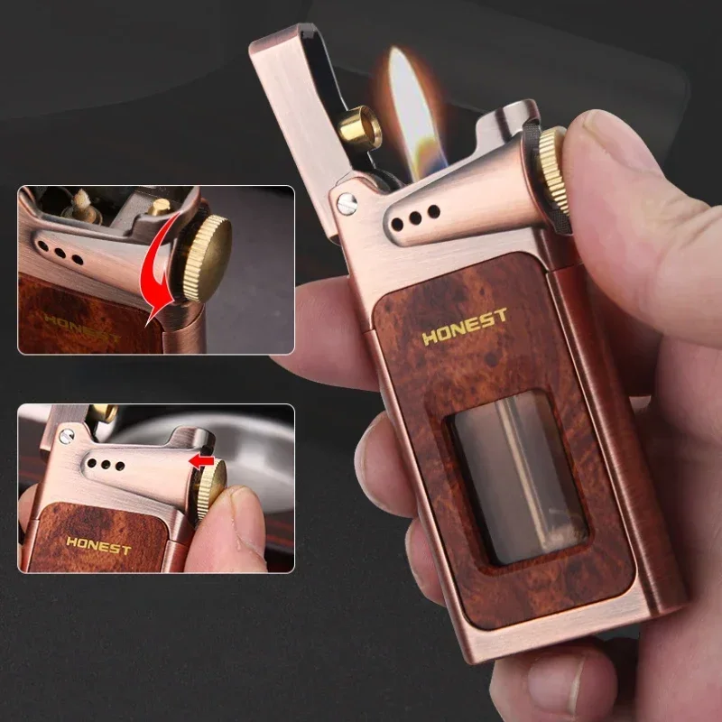 HONSET Windproof Retro Wood Grain Lighter Kerosene Lighter Transparent Large Capacity Fuel Tank Men's Smoking Tool