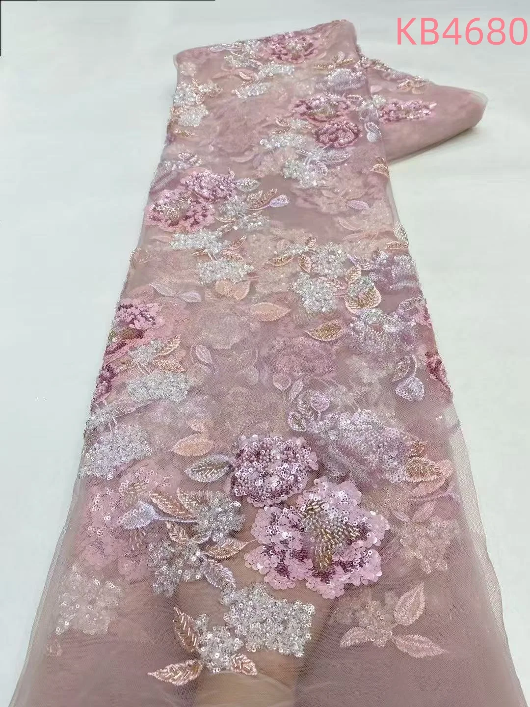 スパンコールチュールレースアフリカレース生地5ヤード高品質2025スカイブルービーズ付きフランスメッシュ、縫製用キラキラ装飾付きKB4680