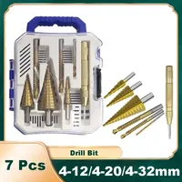 7PCS HSS Step Drill Bit Sets Straight Groove Titanium Coated Cone Hole Cutter Automatic Center Punch Spiral Twist Saw Drill Bit