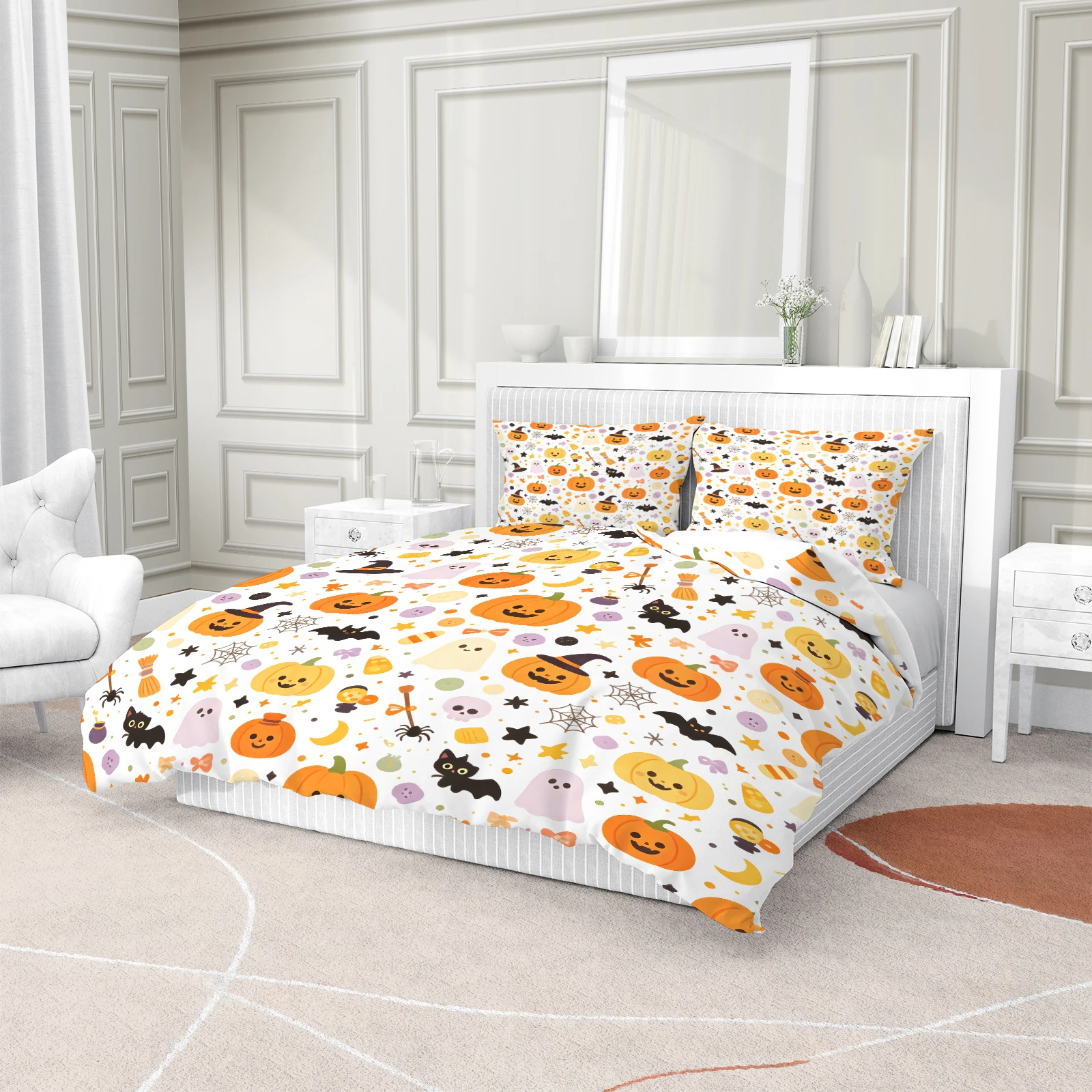 Halloween Duvet Cover Set Cute Pumpkin Ghost Black Cat Spider Web Print Bedding Set Quilt Cover with Pillowcases Holiday Bedding view 3