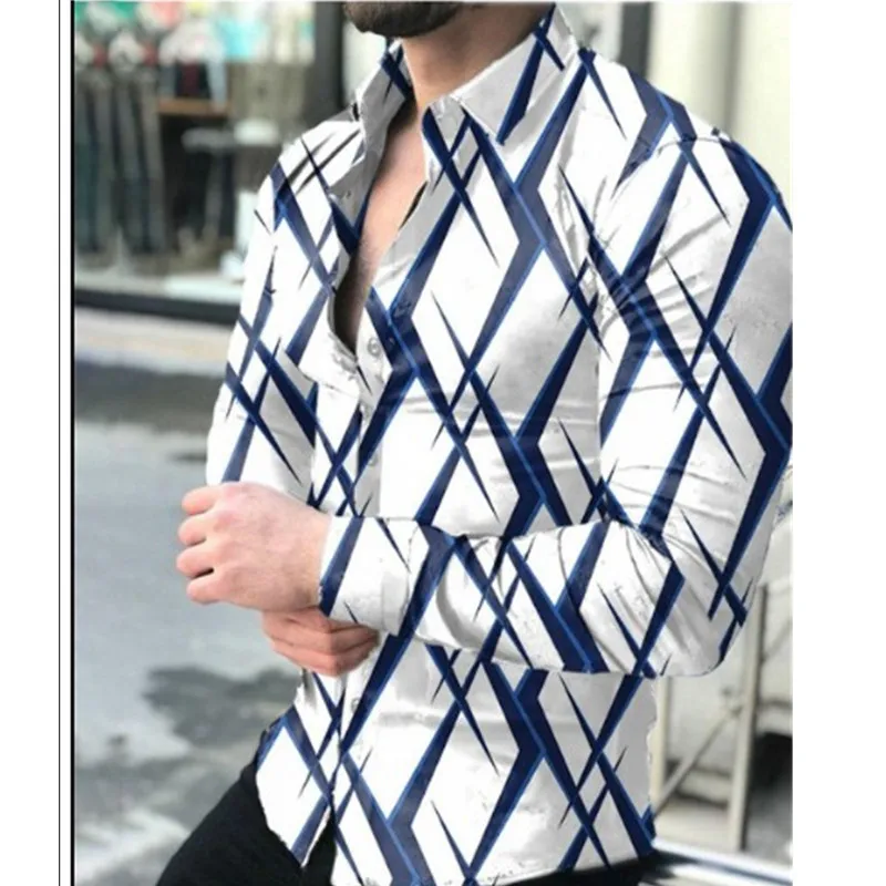

Autumn Long Sleeve Men's Shirt 2024 Sved Lapel 3D Printed Loose Fit Fleece Lined Summer Geometry Pattern Striped Design