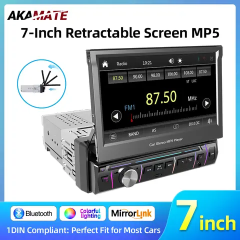 7 Inch Car Radio MP5 Manual Retractable Screen FM Radio Bluetooth USB TF Card Multimedia Player Support Mirrorlink EQ Stereo