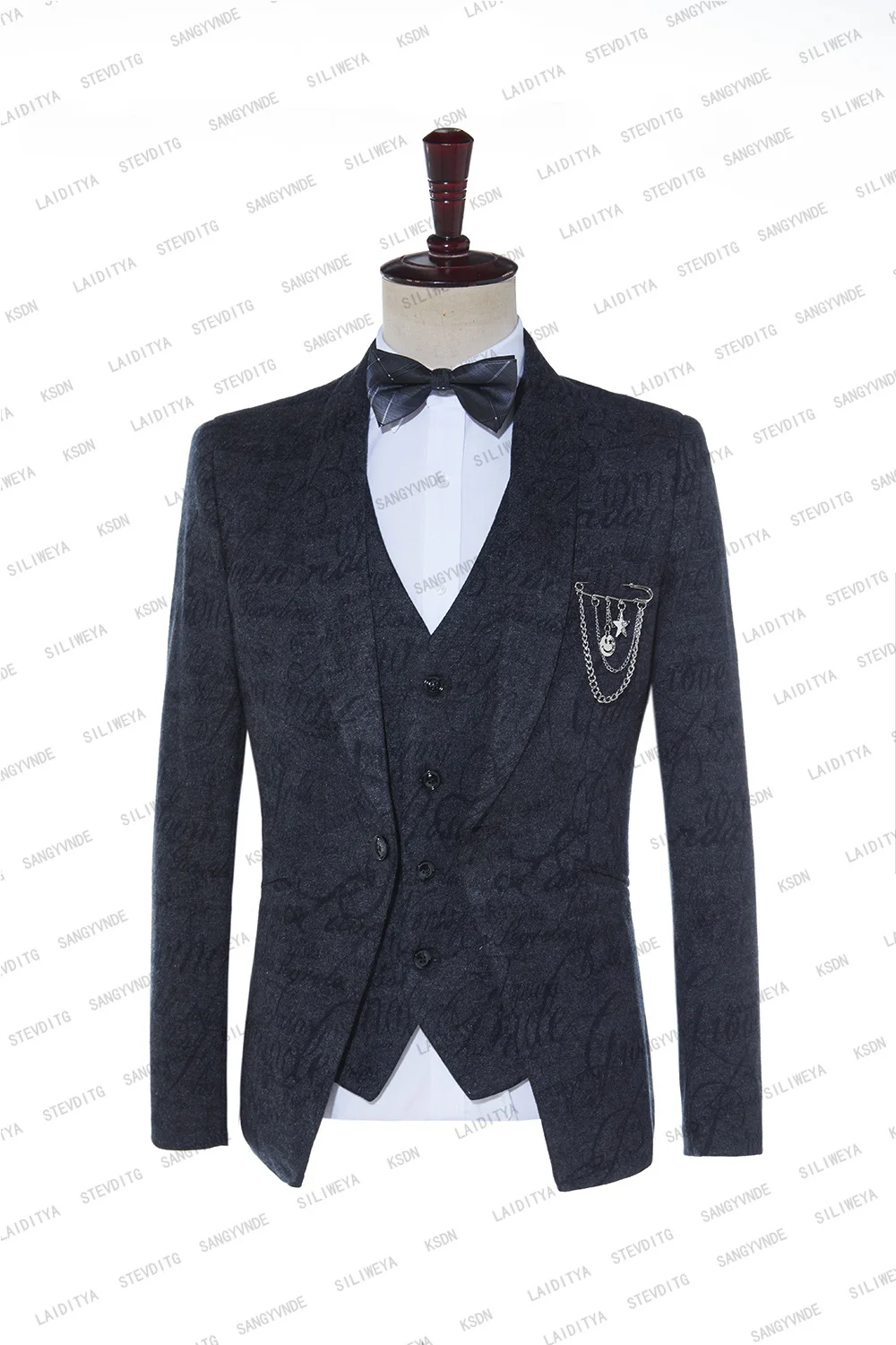 2023 New Men Suit Dark Grey Black Velvet Printed Shawl Lapel Male Wedding Groom Slim Fit Blazer Set Tuxedo(Jacket+Pant+Vest)