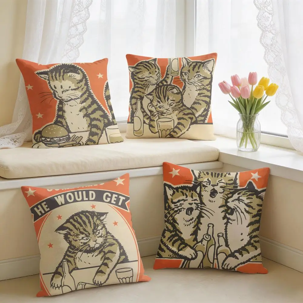 Retro Artisian Drunk Cats Cushion Cover Square Short Plush Pillow Case Living Room Sofa Home Decor Funda 40X40